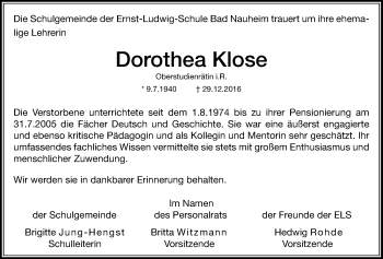 Traueranzeige von Dorothea Klose von Wetterauer Zeitung, Wetterauer Zeitung
