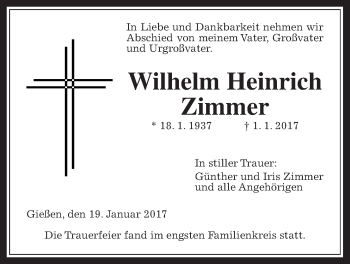 Traueranzeige von Wilhelm Heinrich Zimmer von Gießener Allgemeine, Alsfelder Allgemeine