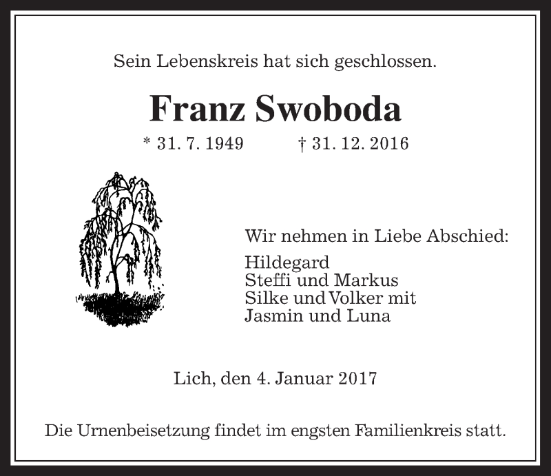  Traueranzeige für Franz Swoboda vom 04.01.2017 aus Gießener Allgemeine, Alsfelder Allgemeine