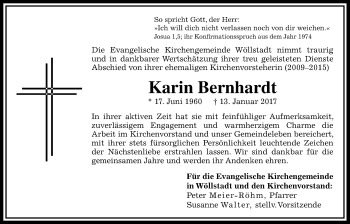 Traueranzeige von Karin Bernhardt von Wetterauer Zeitung, Wetterauer Zeitung