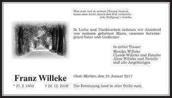 Traueranzeige von Franz Willeke von Wetterauer Zeitung, Wetterauer Zeitung