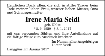Traueranzeige von Irene Maria Seidl von Giessener Allgemeine, Alsfelder Allgemeine