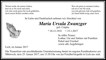 Traueranzeige von Maria Ursula Zwanzger von Licher Wochenblatt, Licher Wochenblatt, Licher Wochenblatt