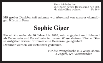 Traueranzeige von Sophie Giger von Wetterauer Zeitung, Wetterauer Zeitung