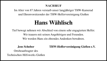 Traueranzeige von Hans Wählisch von Gießener Allgemeine, Alsfelder Allgemeine