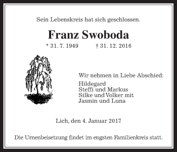 Traueranzeige von Franz Swoboda von Gießener Allgemeine, Alsfelder Allgemeine
