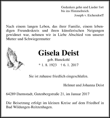 Traueranzeige von Gisela Deist von Gießener Allgemeine, Alsfelder Allgemeine