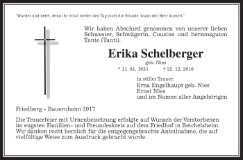 Traueranzeige von Erika Schelberger von Wetterauer Zeitung, Wetterauer Zeitung