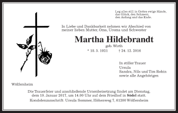 Traueranzeige von Martha Hildebrandt von Wetterauer Zeitung, Wetterauer Zeitung
