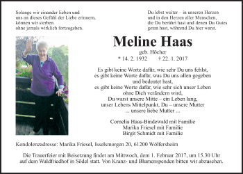 Traueranzeige von Meline Haas von Wetterauer Zeitung, Wetterauer Zeitung