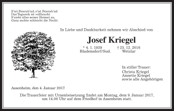Traueranzeige von Josef Kriegel von Wetterauer Zeitung, Wetterauer Zeitung