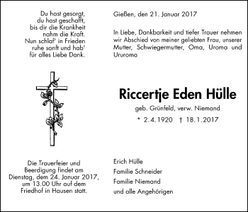Traueranzeige von Riccertje Eden Hülle von Gießener Allgemeine, Alsfelder Allgemeine