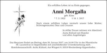 Traueranzeige von Anni Morgalla von Wetterauer Zeitung, Wetterauer Zeitung