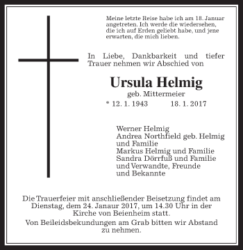 Traueranzeige von Ursula Helmig von Wetterauer Zeitung, Wetterauer Zeitung