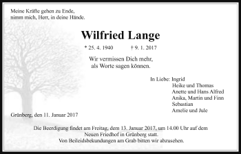 Traueranzeige von Wilfried Lange von Gießener Allgemeine, Alsfelder Allgemeine