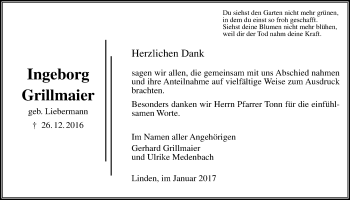 Traueranzeige von Ingeborg Grillmaier von Gießener Allgemeine, Alsfelder Allgemeine