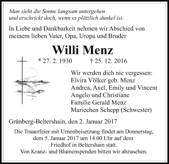 Traueranzeige von Willi Menz von Gießener Allgemeine, Alsfelder Allgemeine