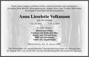 Traueranzeige von Anna Lieselotte Volkmann von Gießener Allgemeine
