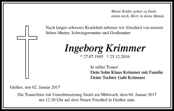 Traueranzeige von Ingeborg Krimmer von Gießener Allgemeine, Alsfelder Allgemeine
