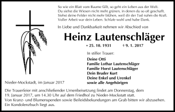 Traueranzeige von Heinz Lautenschläger von Wetterauer Zeitung, Wetterauer Zeitung