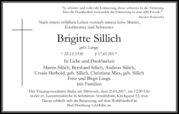 Traueranzeige von Brigitte Sillich von Wetterauer Zeitung, Wetterauer Zeitung