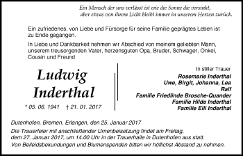 Traueranzeige von Ludwig Inderthal von Gießener Allgemeine, Alsfelder Allgemeine