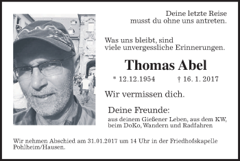 Traueranzeige von Thomas Abel von Gießener Allgemeine, Alsfelder Allgemeine