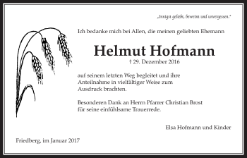Traueranzeige von Helmut Hofmann von Wetterauer Zeitung, Wetterauer Zeitung