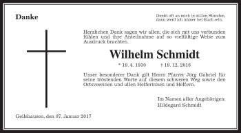 Traueranzeige von Wilhelm Schmidt von Gießener Allgemeine, Alsfelder Allgemeine