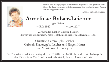 Traueranzeige von Anneliese Balser-Leicher von Gießener Allgemeine, Alsfelder Allgemeine