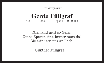 Traueranzeige von Gerda Füllgraf von Giessener Allgemeine, Alsfelder Allgemeine