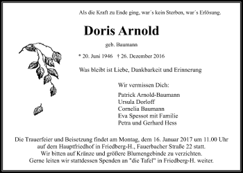 Traueranzeige von Doris Arnold von Wetterauer Zeitung, Wetterauer Zeitung