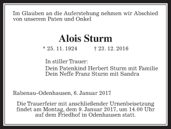 Traueranzeige von Alois Sturm von Gießener Allgemeine, Alsfelder Allgemeine