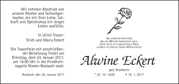Traueranzeige von Alwine Eckert von Wetterauer Zeitung, Wetterauer Zeitung