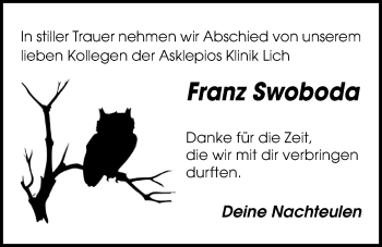 Traueranzeige von Franz Swoboda von Licher Wochenblatt, Licher Wochenblatt, Licher Wochenblatt