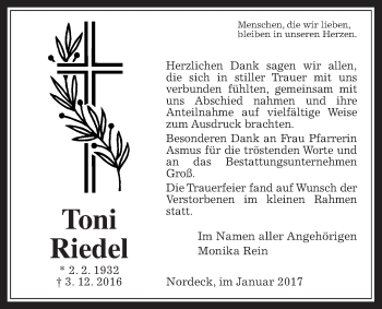 Traueranzeige von Toni Riedel von Allendorfer Mitteilungen, Rabenauer Zeitung