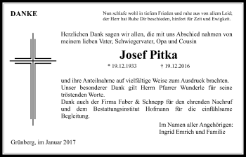 Traueranzeige von Josef Pitka von Heimatzeitung Grünberg + Laubach, Laubacher Anzeiger