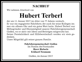 Traueranzeige von Hubert Terberl von Gießener Allgemeine, Alsfelder Allgemeine