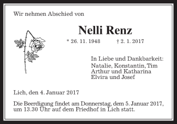 Traueranzeige von Nelli Renz von Gießener Allgemeine, Alsfelder Allgemeine