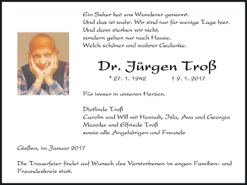 Traueranzeige von Jürgen Troß von Gießener Allgemeine, Alsfelder Allgemeine
