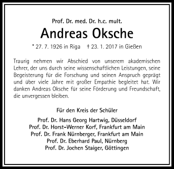 Traueranzeige von Andreas Oksche von Giessener Allgemeine, Alsfelder Allgemeine