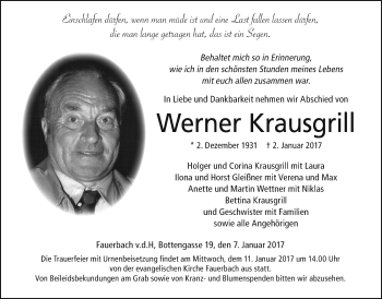 Traueranzeige von Werner Krausgrill von Wetterauer Zeitung, Wetterauer Zeitung