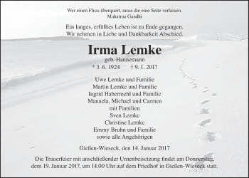 Traueranzeige von Irma Lemke von Gießener Allgemeine, Alsfelder Allgemeine