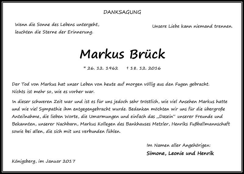  Traueranzeige für Markus Brück vom 21.01.2017 aus Gießener Allgemeine, Alsfelder Allgemeine