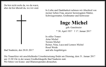 Traueranzeige von Inge Michel von Giessener Allgemeine, Alsfelder Allgemeine, Wetterauer Zeitung, Wetterauer Zeitung