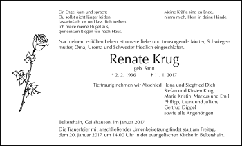 Traueranzeige von Renate Krug von Gießener Allgemeine, Alsfelder Allgemeine