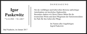 Traueranzeige von Igor Paskewitz von Wetterauer Zeitung, Wetterauer Zeitung