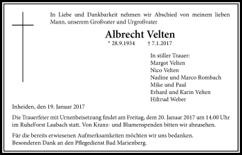 Traueranzeige von Albrecht Velten von Licher Wochenblatt, Licher Wochenblatt, Licher Wochenblatt