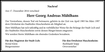 Traueranzeige von Georg Andreas Mühlhans von Licher Wochenblatt, Licher Wochenblatt, Licher Wochenblatt