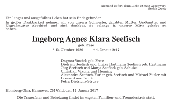 Traueranzeige von Ingeborg Anges Klara Seefisch von Alsfelder Allgemeine